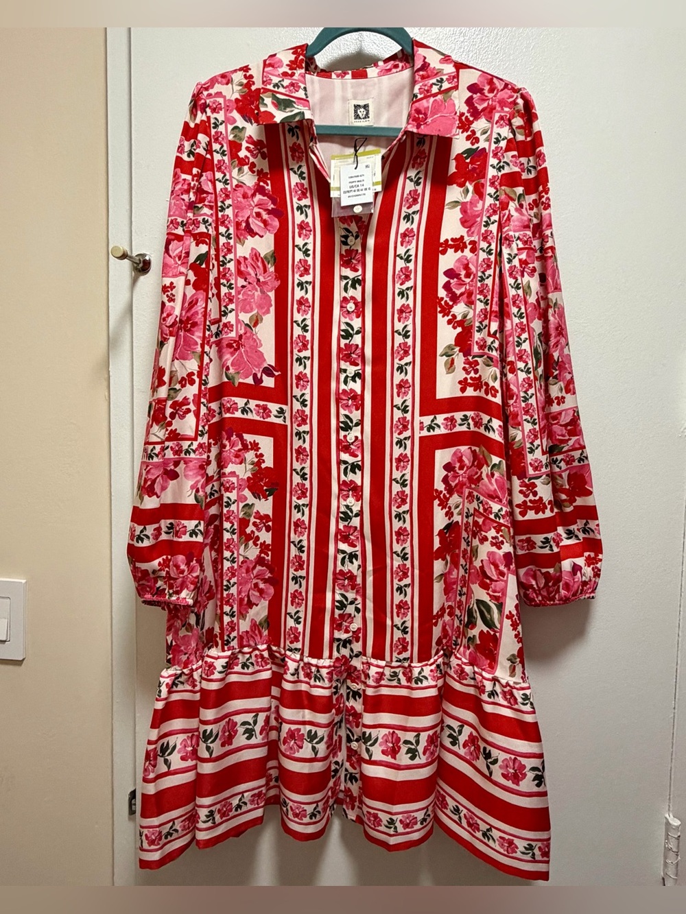NWT Anne Klein Women's Size 14 Printed Red and Pink Flounce-Hem Shirtdress - Picture 1 of 7